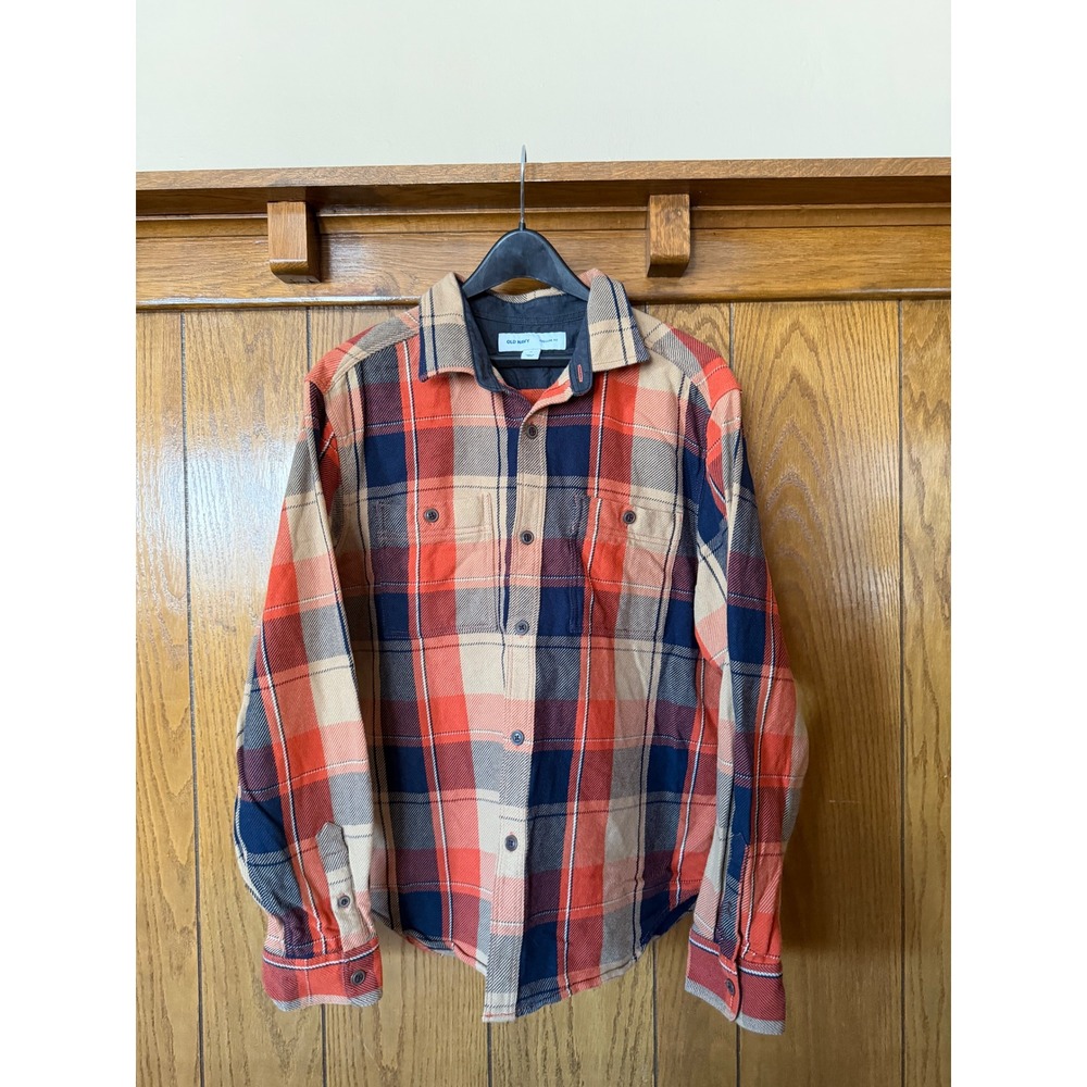 Mens Old Navy Flannel Shirt Orange Tan Black Plaid Long Sleeve Button Up Top